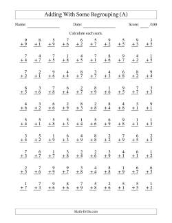 100 Single-Digit Addition Questions With Some Regrouping
