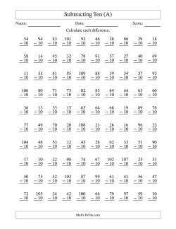Subtracting Ten With Differences from 0 to 99 – 100 Questions
