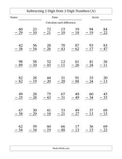 Subtracting 2-Digit from 2-Digit Numbers With Some Regrouping (49 Questions)