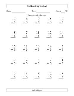 Subtracting Six With Differences from 0 to 9 – 25 Large Print Questions